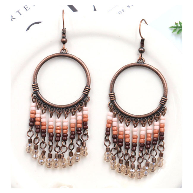 A-HH-HQEF1450(brown) Earthy Brown Beads & Crystal Circle Earring - Click Image to Close